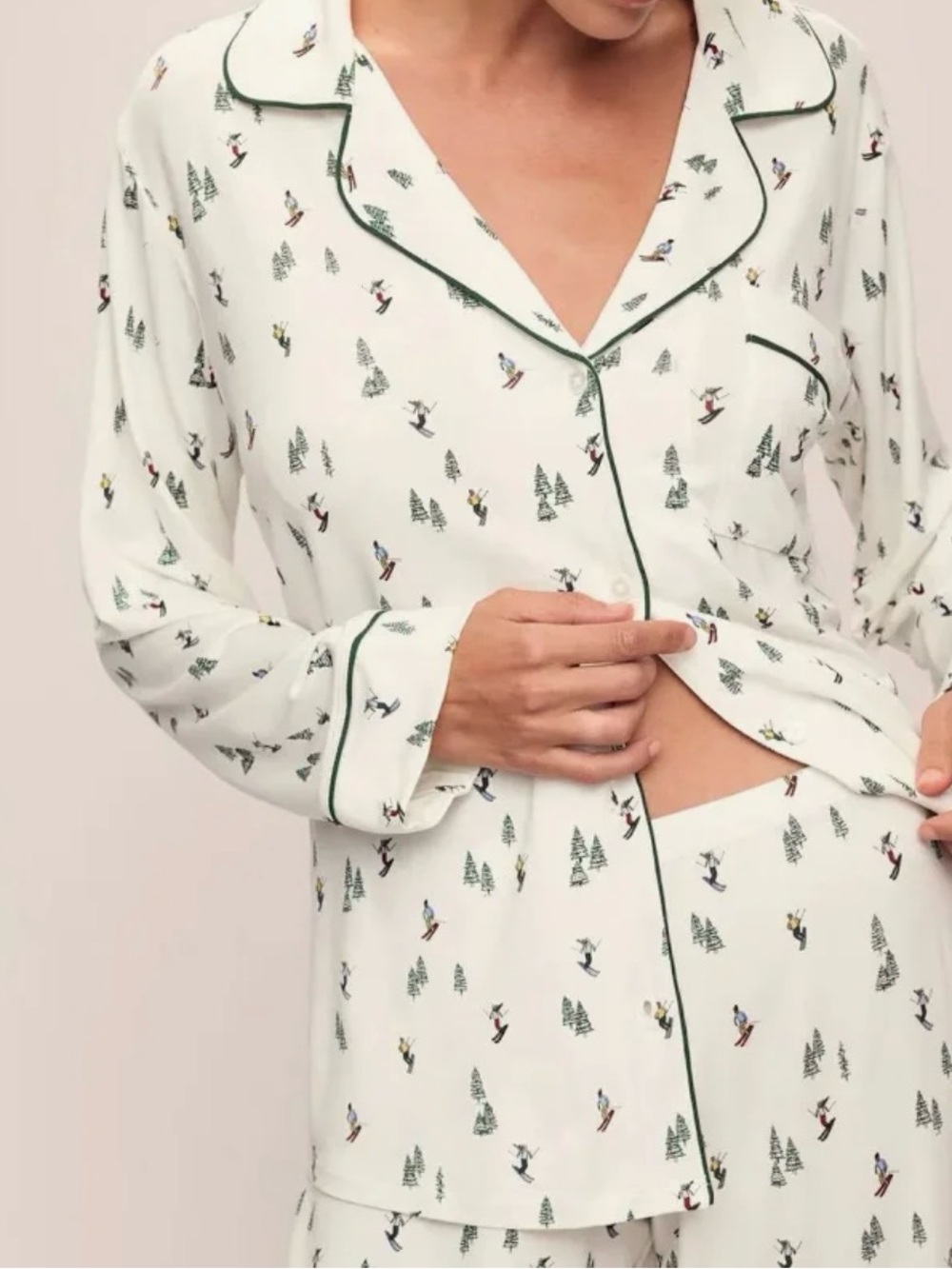 EBERJEY Womens Cream Ski Print Pajama Top w Green Piping